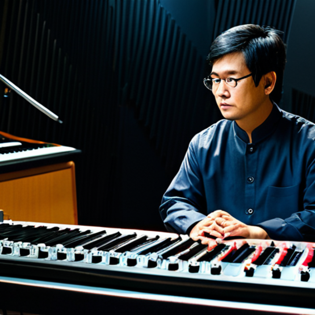 A professional music composer, fully clothed in modest business attire, sitting thoughtfully at a large mixing console in a modern, well-equipped recording studio. Traditional Asian musical instruments, such as a shamisen and a erhu, are elegantly displayed on one side, while advanced synthesizers and glowing digital interfaces occupy the other, symbolizing a harmonious blend of cultures and innovative sound creation. The studio is illuminated with soft, focused ambient light, creating a professional and inspiring atmosphere. Perfect anatomy, correct proportions, natural pose, well-formed hands, proper finger count, natural body proportions. Safe for work, appropriate content, fully clothed, family-friendly.