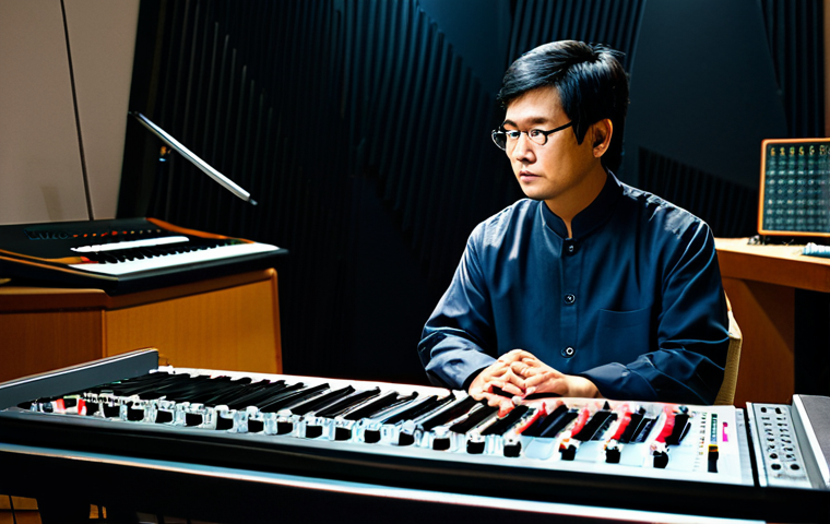 A professional music composer, fully clothed in modest business attire, sitting thoughtfully at a large mixing console in a modern, well-equipped recording studio. Traditional Asian musical instruments, such as a shamisen and a erhu, are elegantly displayed on one side, while advanced synthesizers and glowing digital interfaces occupy the other, symbolizing a harmonious blend of cultures and innovative sound creation. The studio is illuminated with soft, focused ambient light, creating a professional and inspiring atmosphere. Perfect anatomy, correct proportions, natural pose, well-formed hands, proper finger count, natural body proportions. Safe for work, appropriate content, fully clothed, family-friendly.