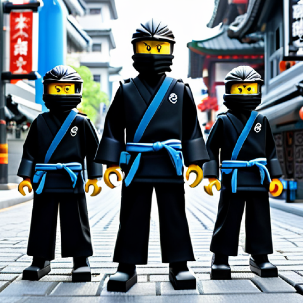 "A group of fully clothed Ninjago ninjas (Kai, Jay, Zane, Cole) in modest ninja attire, standing heroically against a backdrop of Ninjago City, safe for work, professional composition, perfect anatomy, natural proportions, family-friendly, high quality."