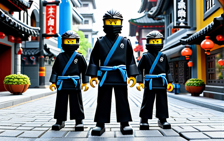 "A group of fully clothed Ninjago ninjas (Kai, Jay, Zane, Cole) in modest ninja attire, standing heroically against a backdrop of Ninjago City, safe for work, professional composition, perfect anatomy, natural proportions, family-friendly, high quality."