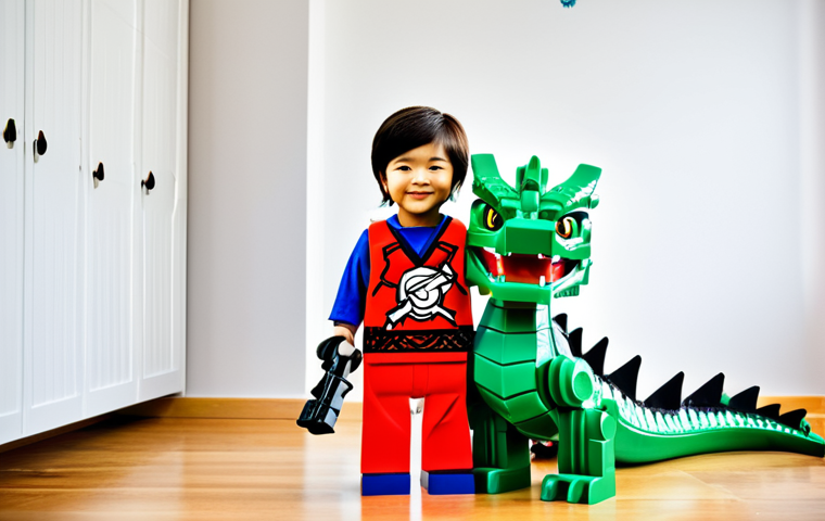 닌자고 코스프레 대회 참가법 - **
"A young girl, fully clothed in a modest, colourful Ninjago-themed outfit, posing with a LEGO Ni...