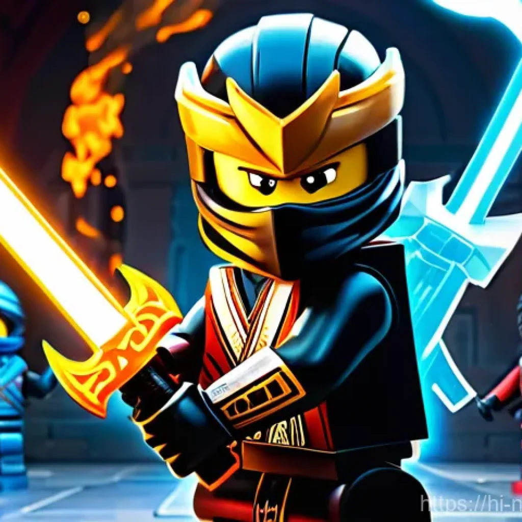 닌자고 시즌별 무기와 소품 해설 - **Prompt:** A vibrant, dynamic illustration of the four original Ninjago heroes – Kai, Jay, Cole, an...