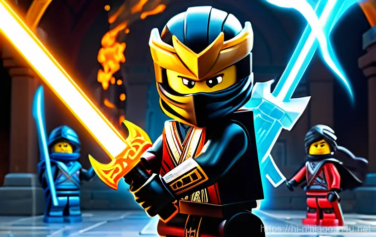 닌자고 시즌별 무기와 소품 해설 - **Prompt:** A vibrant, dynamic illustration of the four original Ninjago heroes – Kai, Jay, Cole, an...