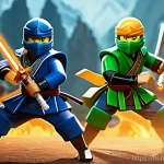 닌자고 캐릭터 라이벌 구도 - **Prompt 1: "A dramatic and intense scene depicting the Ninjago team (Kai, Jay, Cole, Zane, Nya) fie...