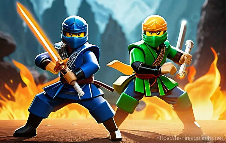 닌자고 캐릭터 라이벌 구도 - **Prompt 1: "A dramatic and intense scene depicting the Ninjago team (Kai, Jay, Cole, Zane, Nya) fie...